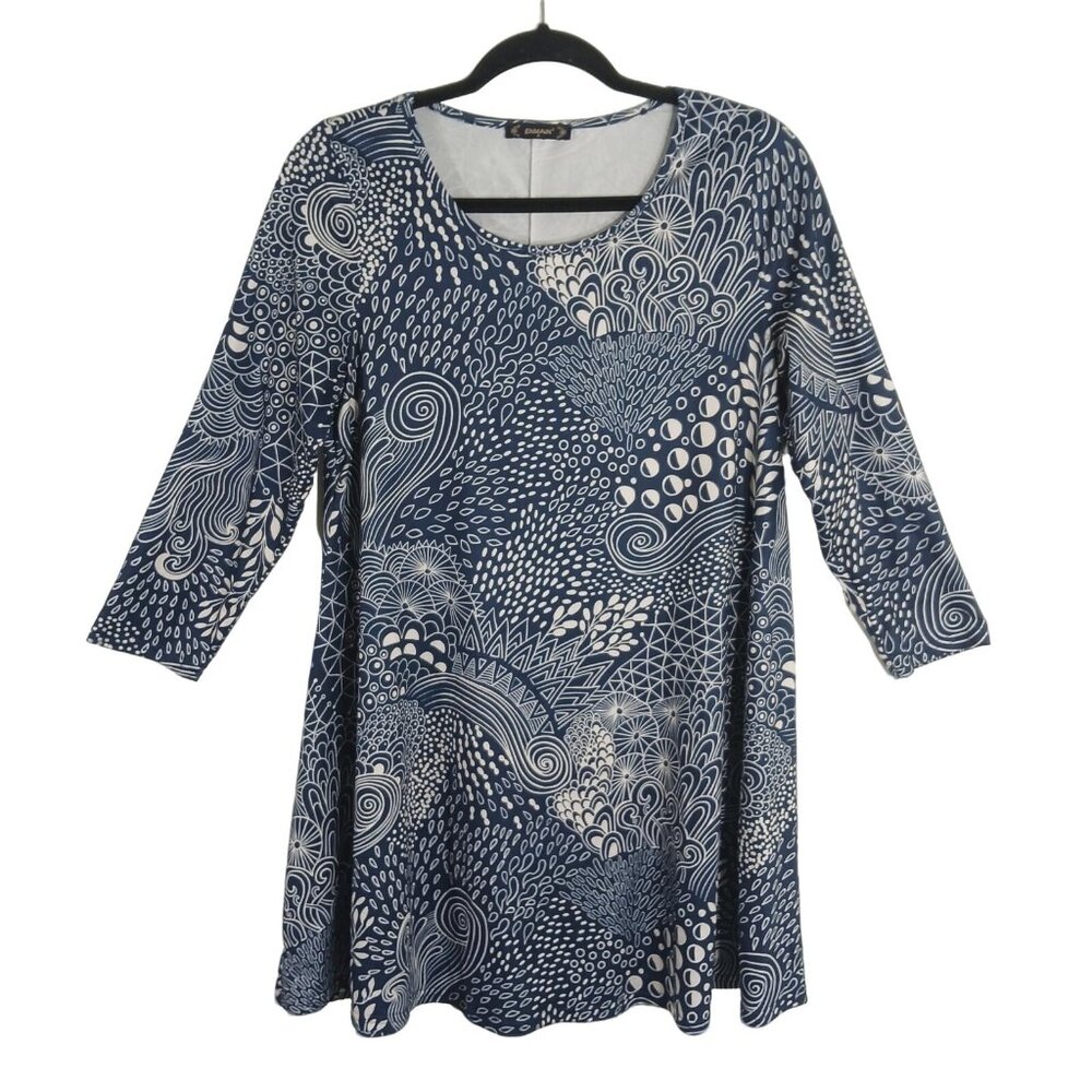 Enmain Women's Dress Small Blue White Abstract Print 3/4 Sleeve Casual Swing